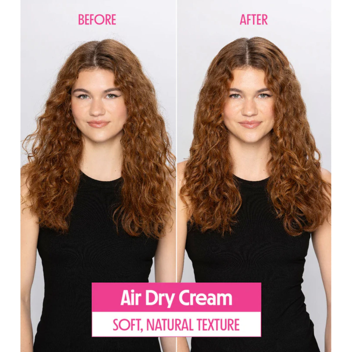 Air Dry Cream før og efter: kvinde med krøllet brunt hår viser blødere, mere defineret naturlig tekstur.