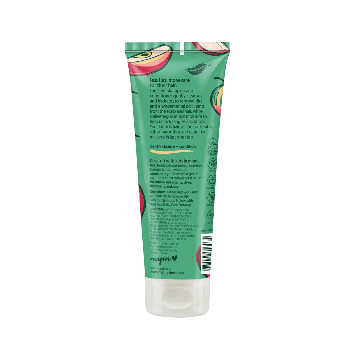 Not Your Mother's 2-i-1 børnshampoo og balsam i grøn tube med æblemotiv og ingrediensliste.