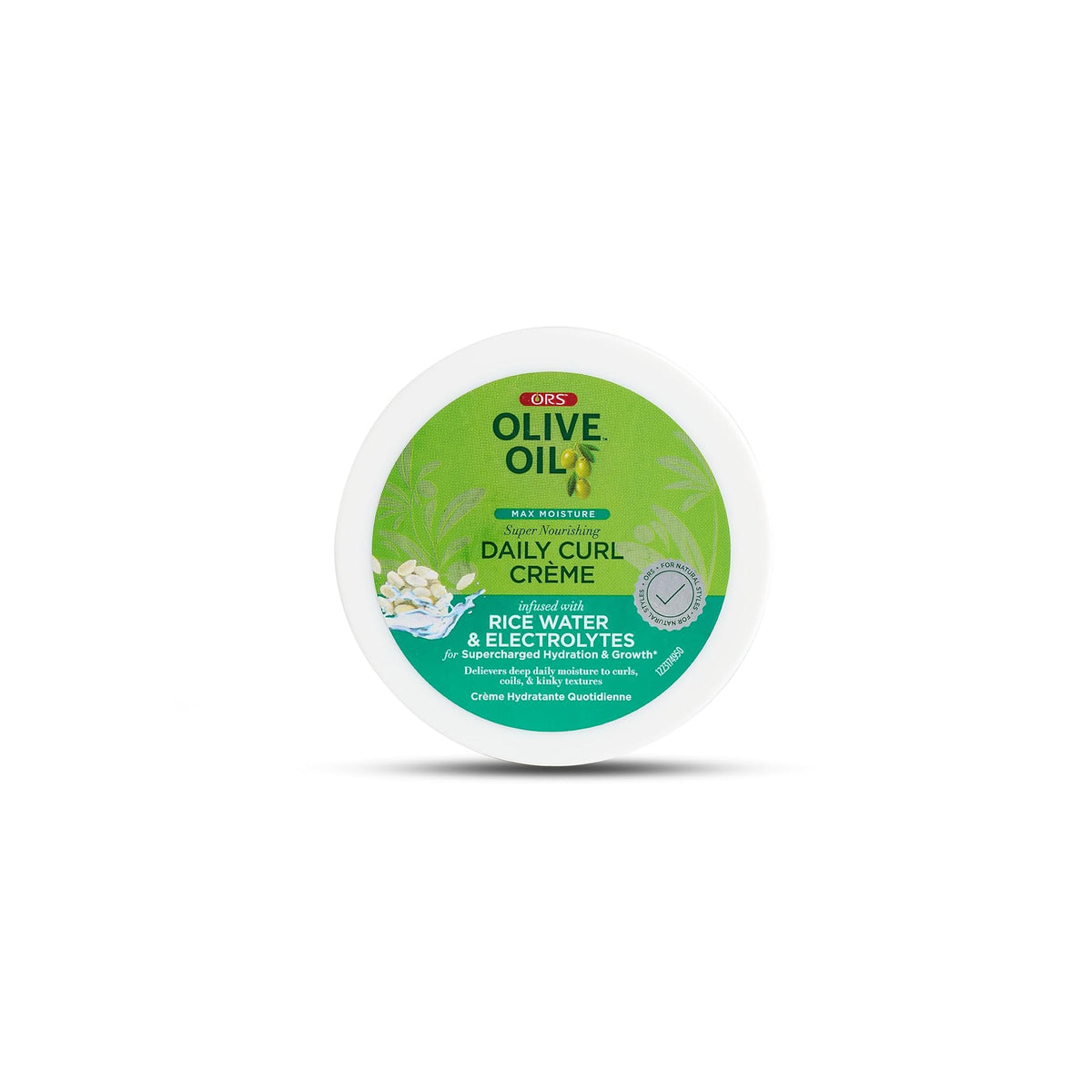 Billede af låget på ORS Olive Oil Daily Curl Crème (227g), der viser produktnavn og logo.