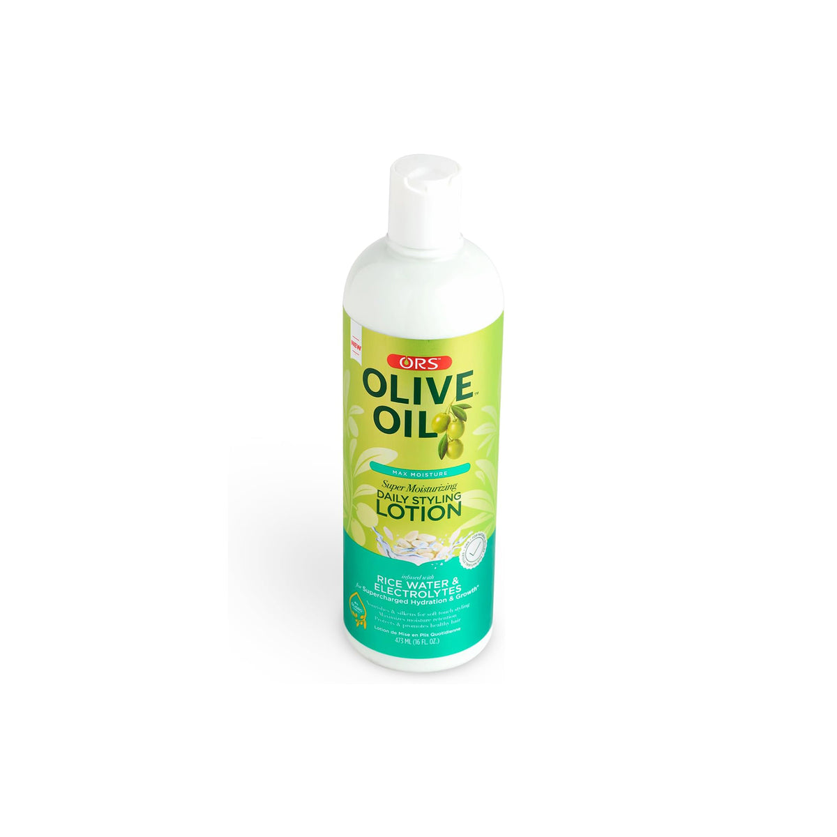Flaske med ORS Olive Oil Max Moisture Super Moisturizing Daily Styling Lotion (473 ml) til daglig styling.