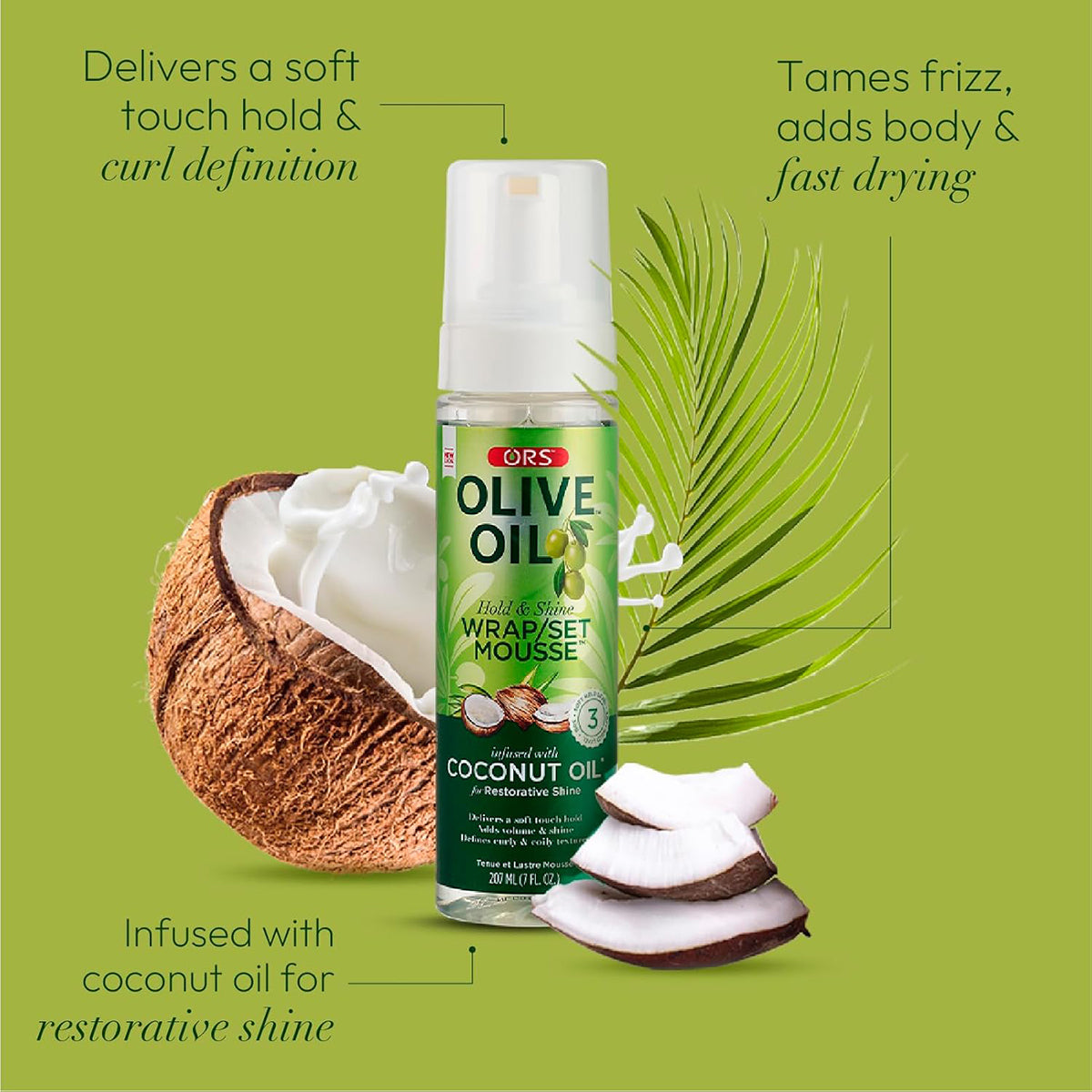 ORS Olive Oil Wrap/Set Mousse (207 ml) med kokosnød og palmeblad, der lover blødt hold, krøldefinition, reduceret krus, fylde og hurtig tørring.