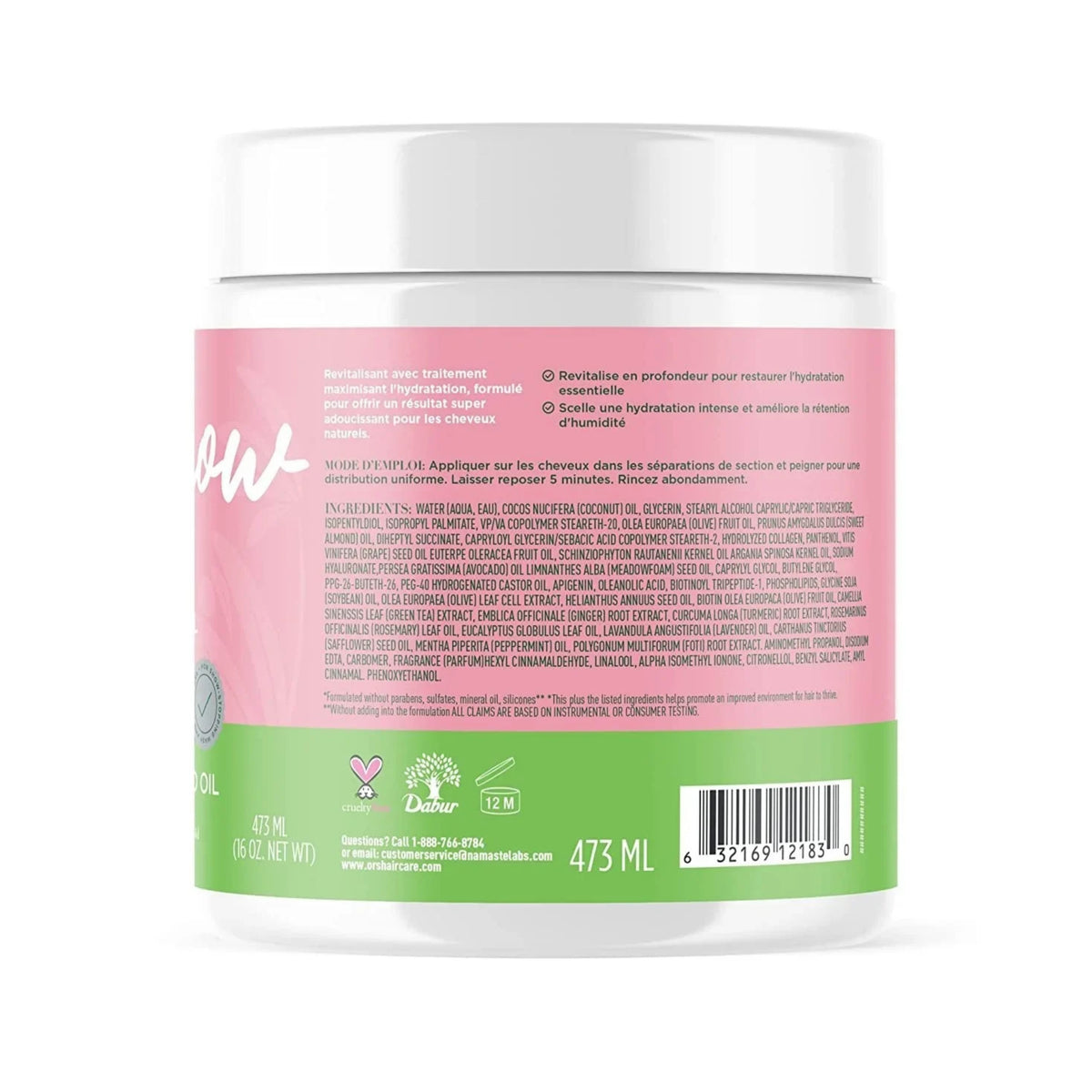 Bagside af ORS Coconut Oil hårplejeprodukt i hvid dåse med lyserødt etiket og ingrediensliste, 473 ml.