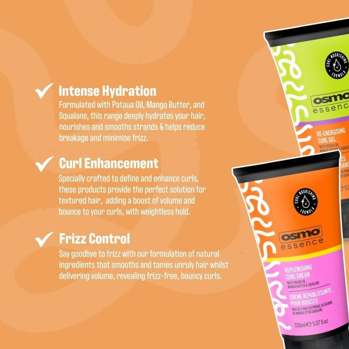 Osmo Essence curlprodukter med grøn Re-Energising Curl Gel og lyserød Replenishing Curl Cream mod orange baggrund.