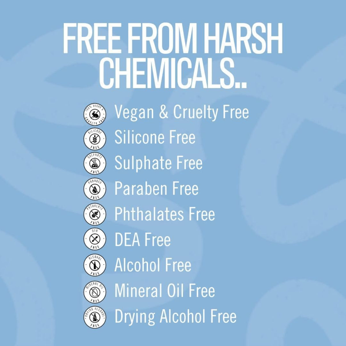 Infografik med hvide ikoner på blå baggrund, der viser produktets frihed fra skadelige kemikalier: vegansk, cruelty free, silikone-, sulfat-, paraben-, phthalat-, DEA-, alkohol- og mineralolie-fri.