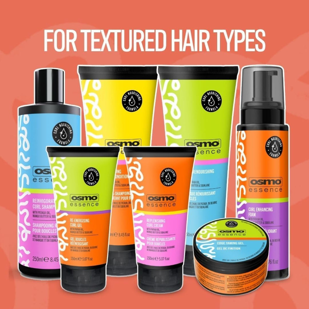 Osmo Essence produktserie til teksturere hår med shampoo, balsam, curl gel, curl creme og edge taming gel.