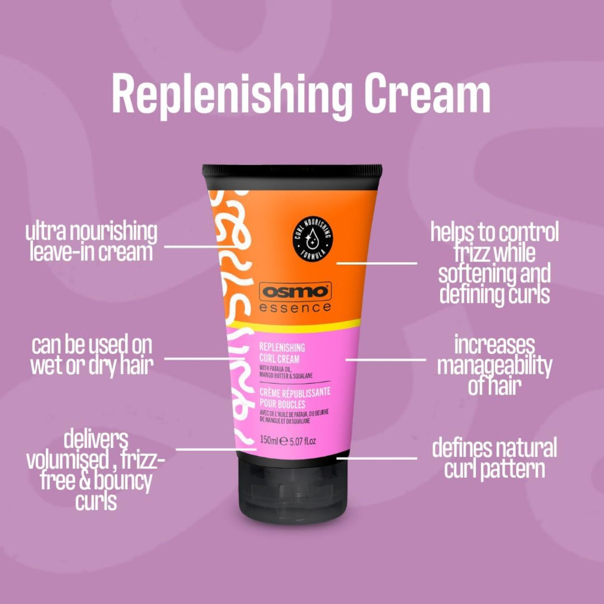 OSMO Essence Replenishing Curl Cream, 150ml tube i orange og pink med sort låg på lilla baggrund.