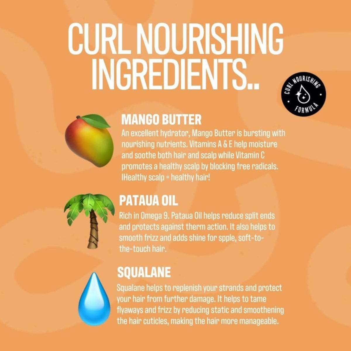 Curl Nourishing ingredienser: mango, palmetræ og vanddråbe illustrerer mangosmør, pataua-olie og squalane til hårpleje.