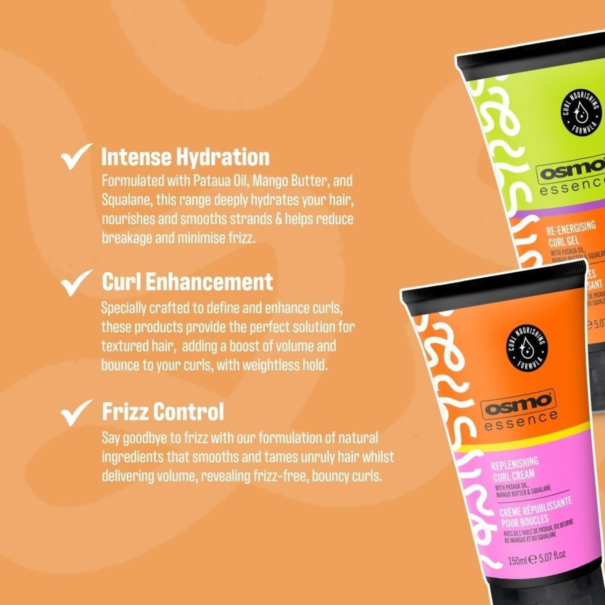 OSMO Essence curlprodukter med tekst om intens hydrering, curl-enhancement og frizzkontrol på orange baggrund.