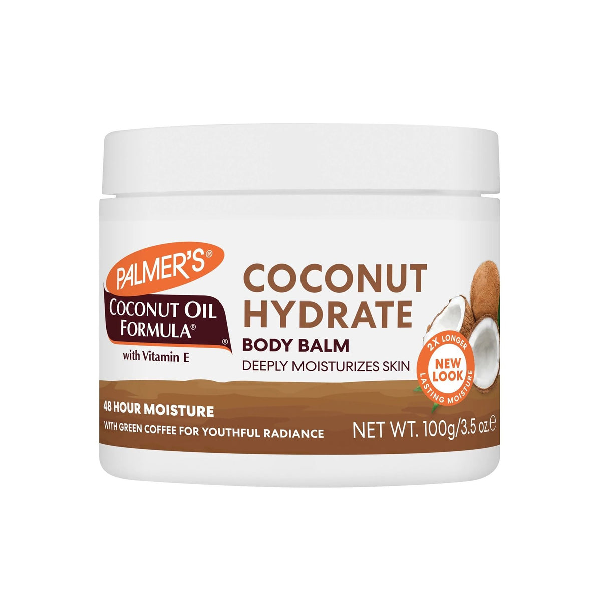 Produktbillede af Palmer's Coconut Oil Formula Body Balm. En hvid beholder af plast med en etikette, der fremhæver 48 timers fugt og en ny formel.