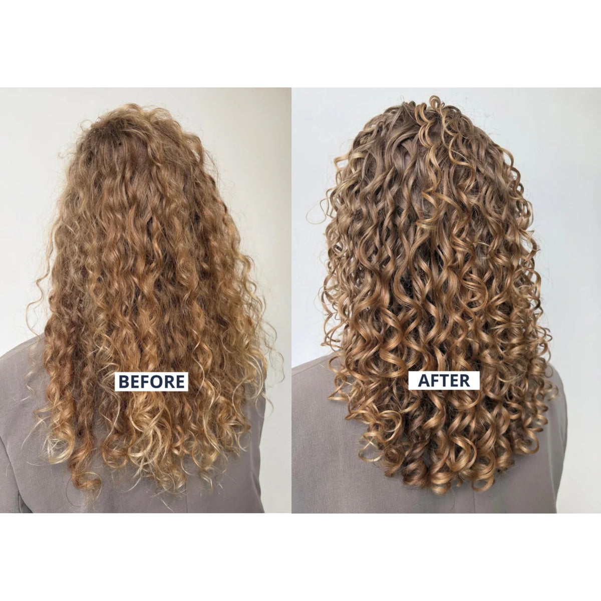 Før og efter krøller: Fra tørt, kruset hår til definerede, glansfulde krøller efter curly hair behandling.