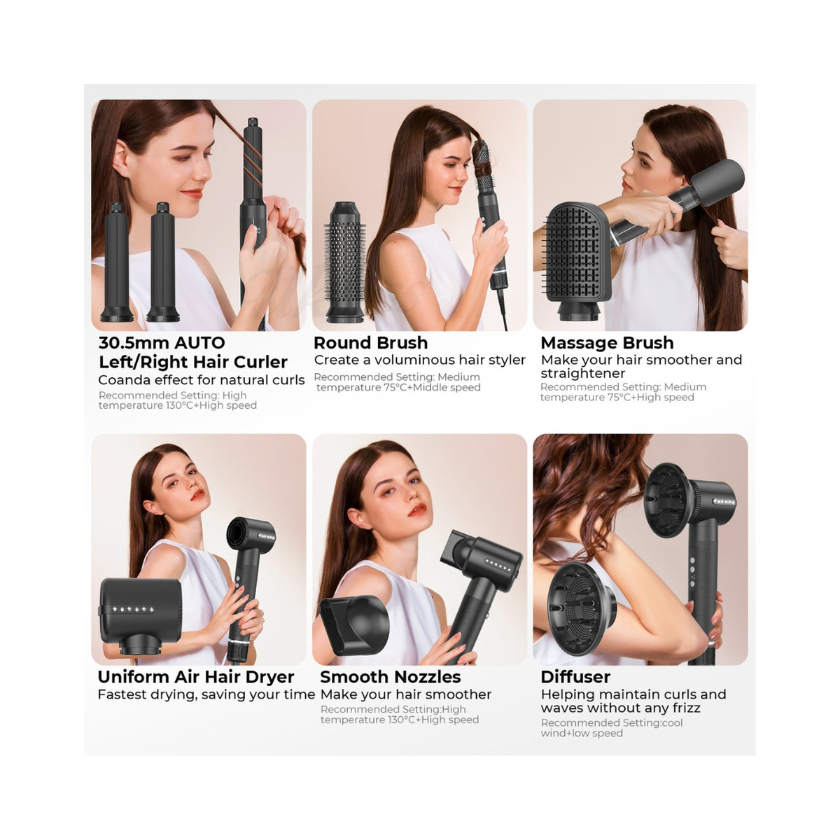 Oversigt over multistyler-tilbehør med modeller, der demonstrerer seks forskellige hoveder: automatisk curler, rundbørste, massagebørste, lufttørrer, glatte-dyser og diffuser til krøller.