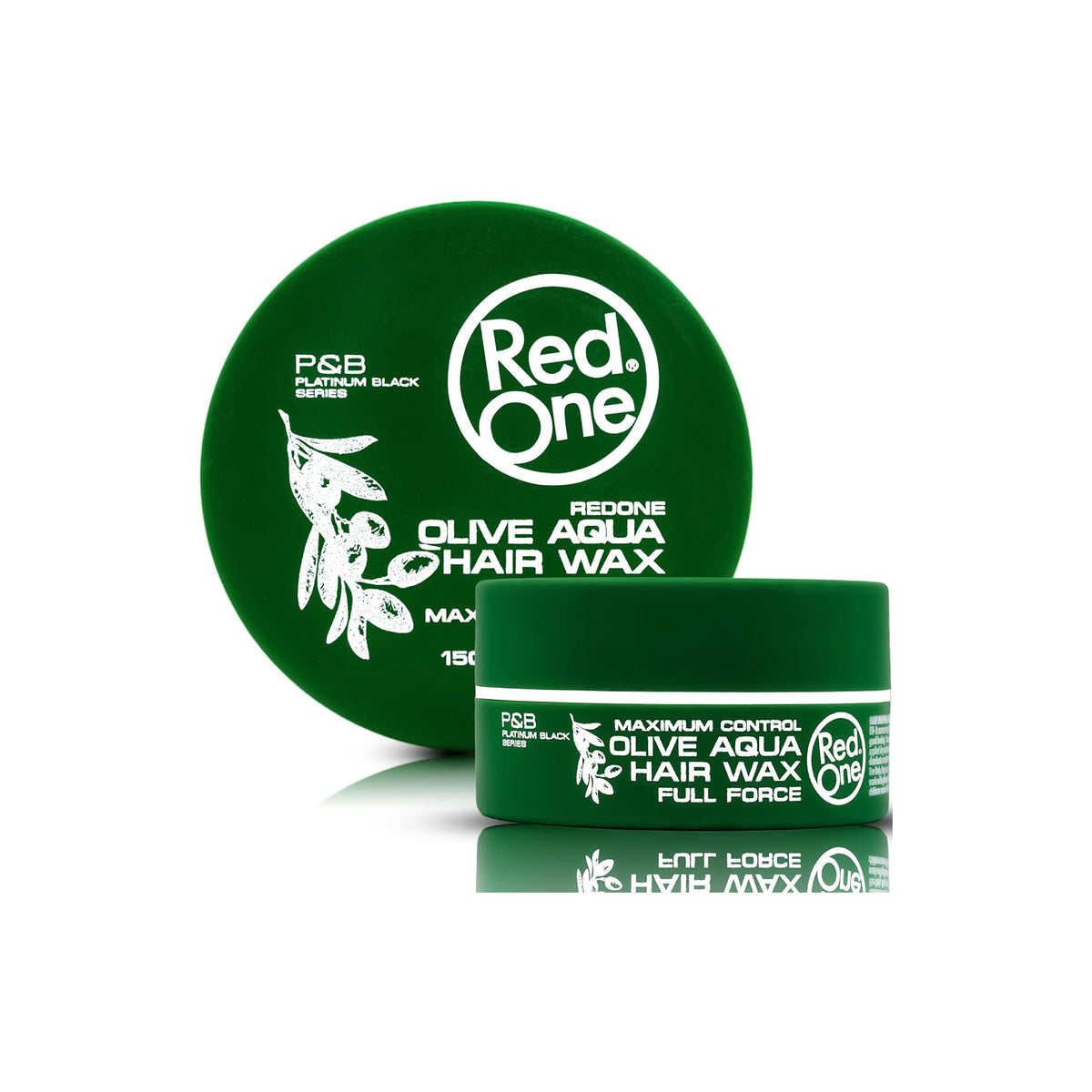 Mørkegrøn dåse med Red One Aqua Hair Wax Olive 150ml fra P&B Platinum Black Series, vist med låg og krukke på hvid baggrund.