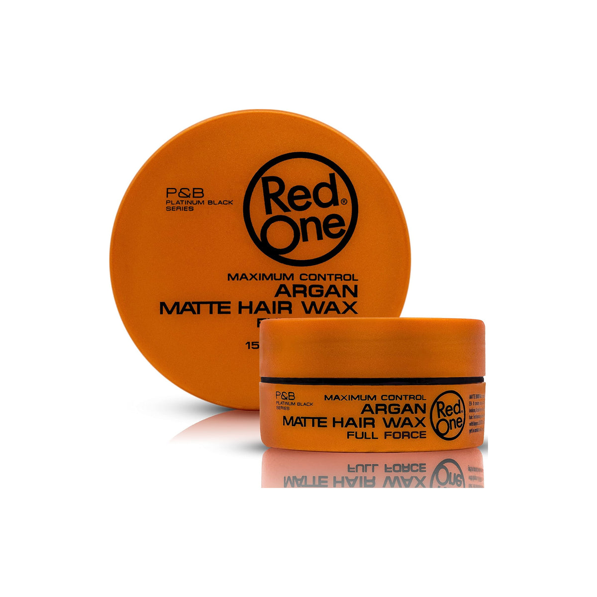 Orange dåse med Red One Matte Hair Wax Argan 150ml fra P&B Platinum Black Series, vist med låg og krukke på hvid baggrund.