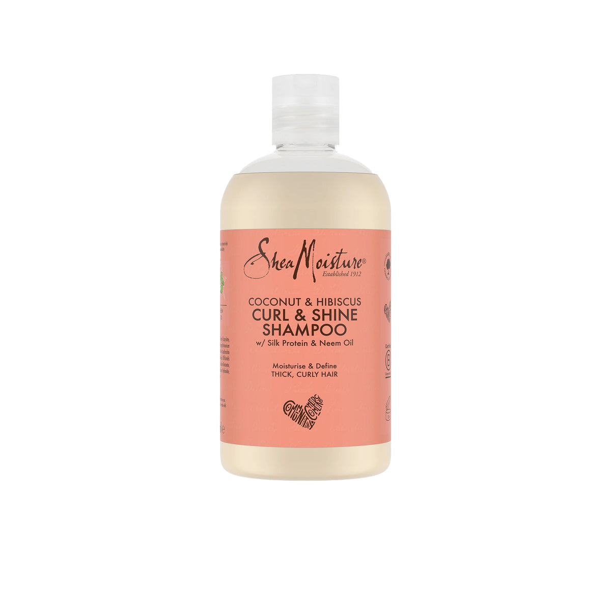 Shea Moisture Coconut & Hibiscus Curl & Shine Shampoo 384ml. Shampoo til tykt, krøllet hår med kokos, hibiscus, silkeprotein og neemolie.