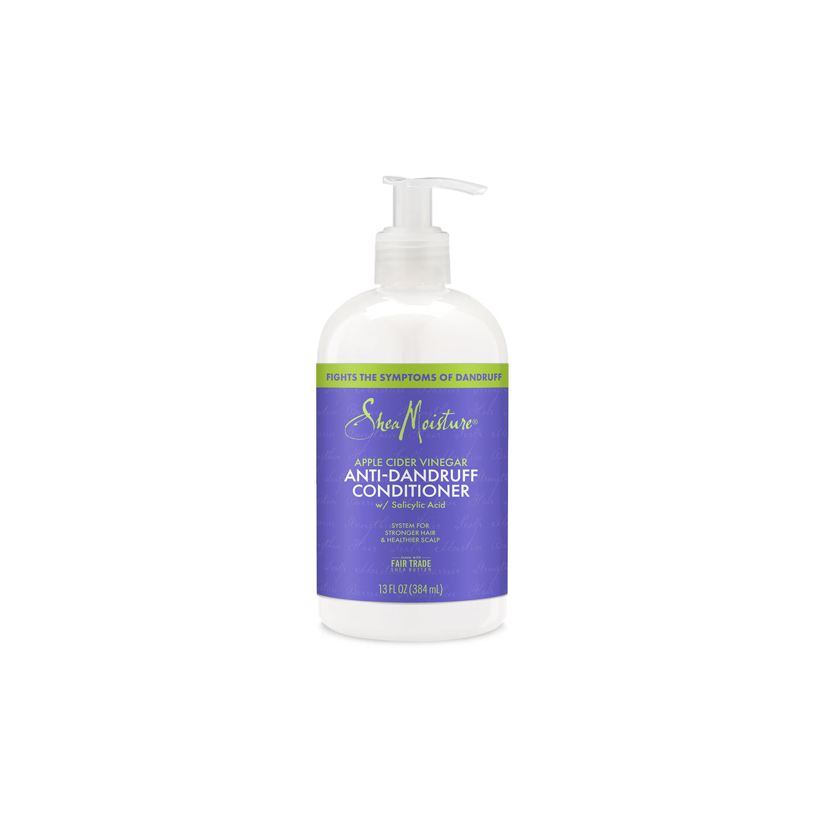 SheaMoisture Apple Cider Vinegar Anti-Dandruff Conditioner i gennemsigtig pumpeflaske med lilla og grøn etiket, 384 ml, med salicylsyre.