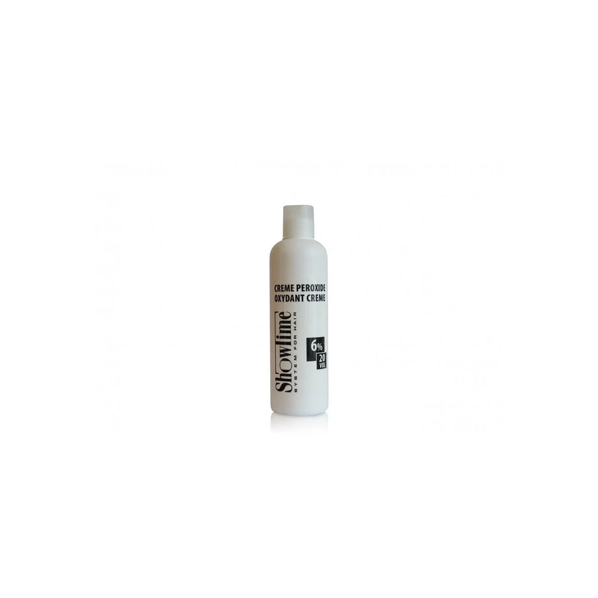 Hvid flaske Showtime Crème Peroxide 6% 20vol 250ml med sort skrift, effektiv oxidationscreme til hårfarvning og lysning.