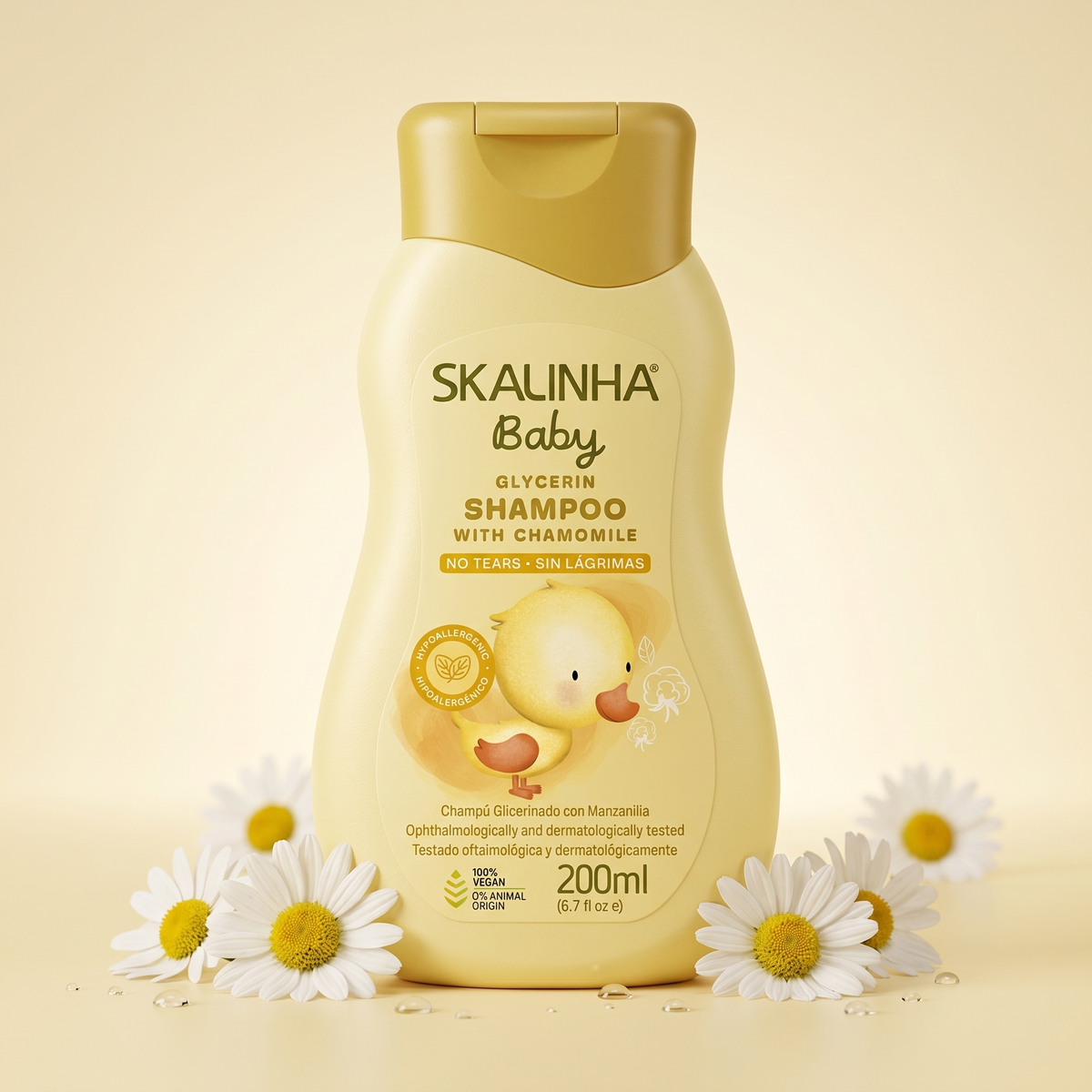 Skalinha Baby glycerin shampoo med kamille i gul flaske omgivet af friske marguerit-blomster.
