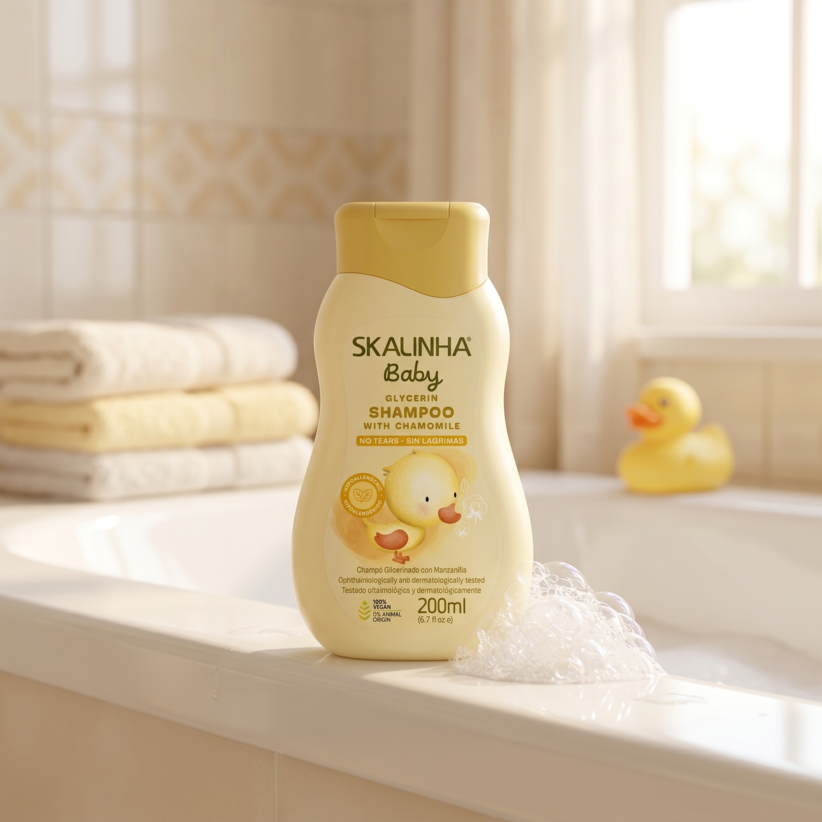 Skalinha Baby glycerin shampoo med kamille på badekarskant med boblebad, håndklæder og gummiand.