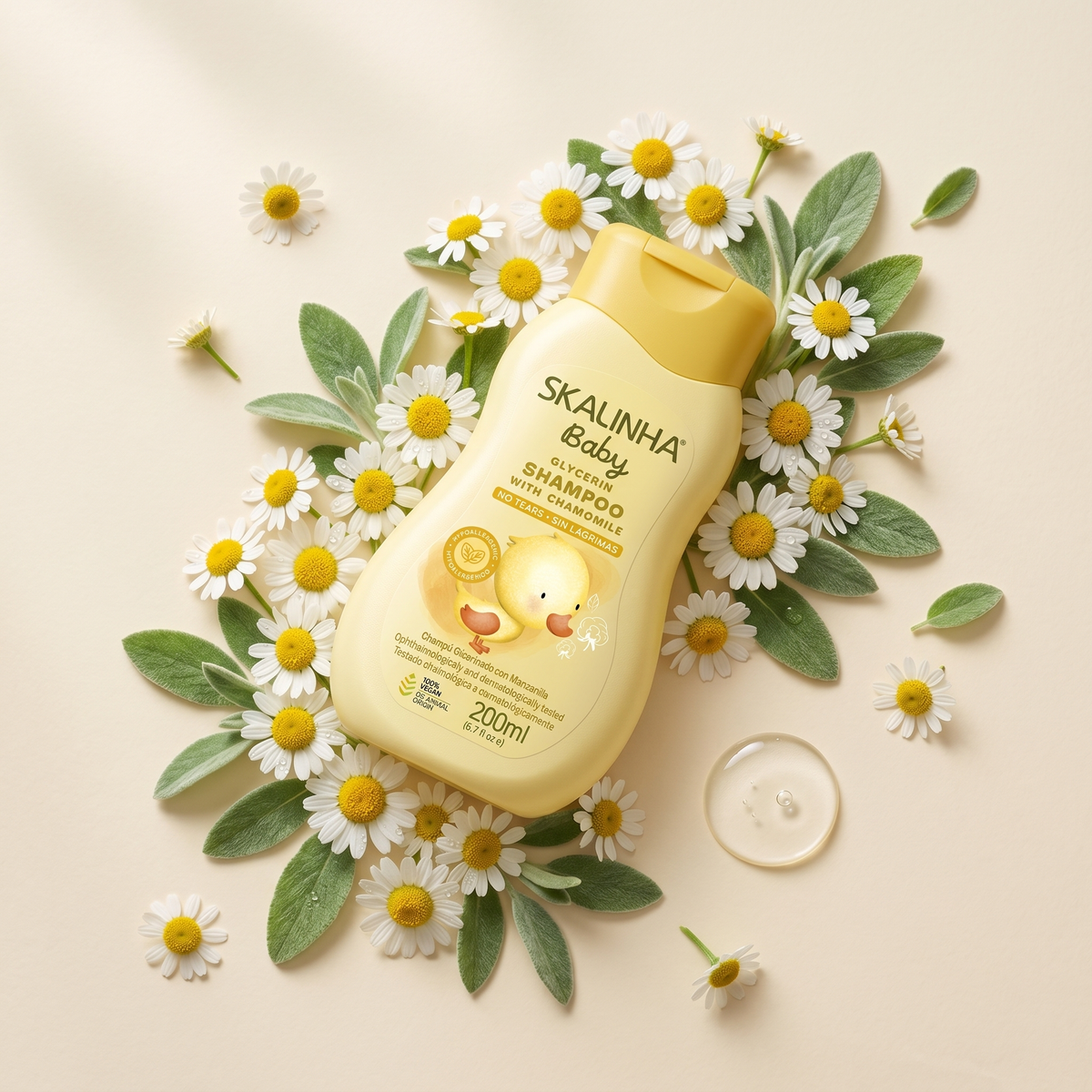 Skalinha Baby glycerin shampoo med kamille i gul flaske omgivet af friske kamilleblomster og grønne blade.