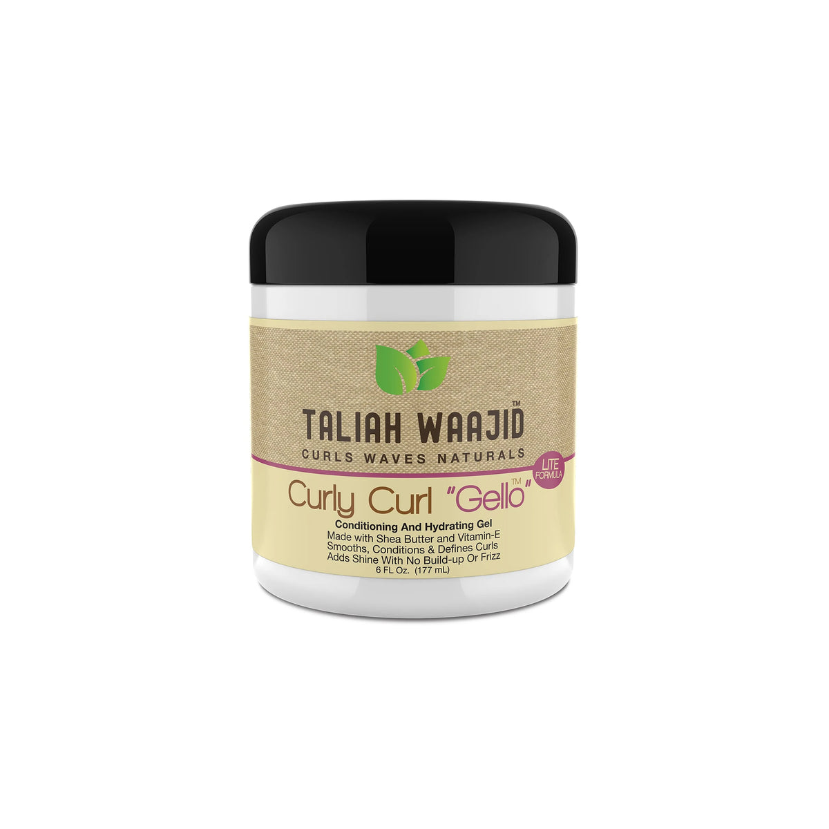 Taliah Waajid Curls Waves Naturals Curly Curl "Gello" i hvid beholder med beige og lilla stribe, sort låg og tekst med produktbeskrivelse.
