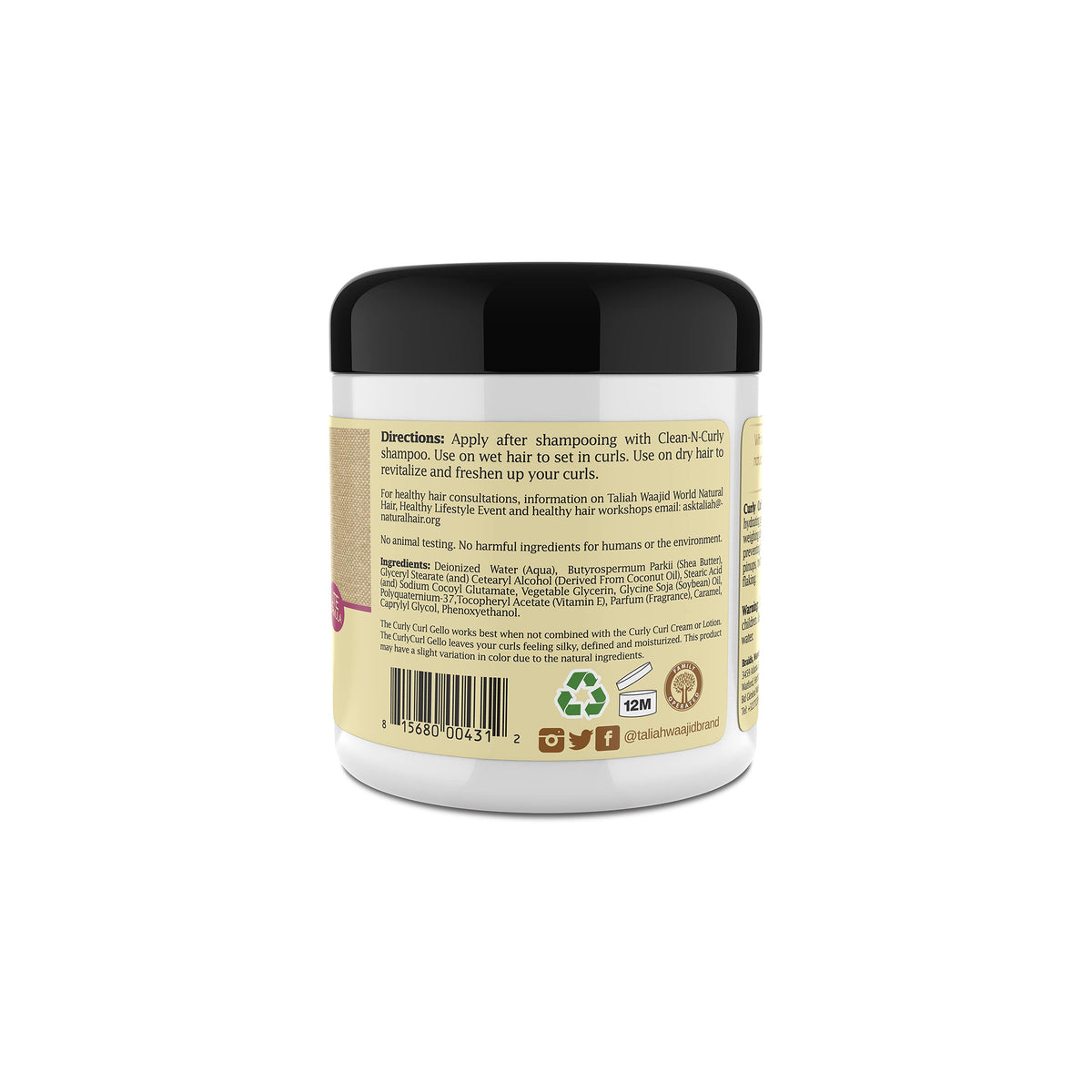 Bagsiden af Taliah Waajid Curls Waves Naturals Curly Curl "Gello" med brugsvejledning, ingredienser og genbrugssymbol på beige etiket med sort låg.