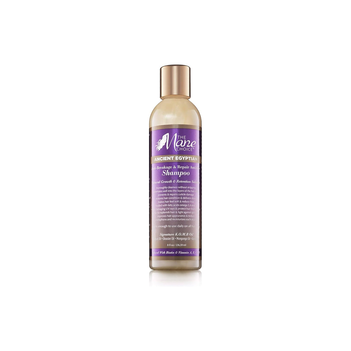 Gennemsigtig flaske med guld låg indeholdende The Mane Choice Ancient Egyptian Anti-Breakage & Repair Antidote Shampoo. Shampooen har en let gullig farve.