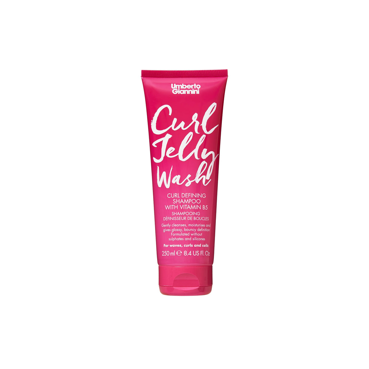 Umberto Giannini Curl Jelly Wash i pink tube – curl defining shampoo med vitamin B5 til krøllet hår, 250 ml.