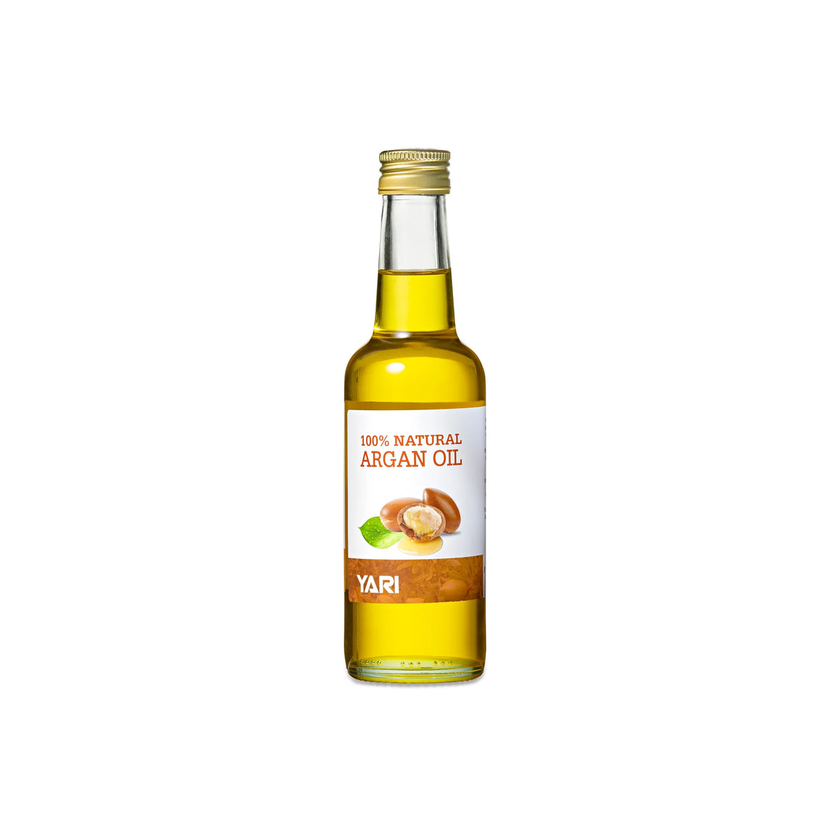 YARI 100% Naturlig Arganolie (250 ml). Klar glasflaske med gyldent låg, indeholdende arganolie.