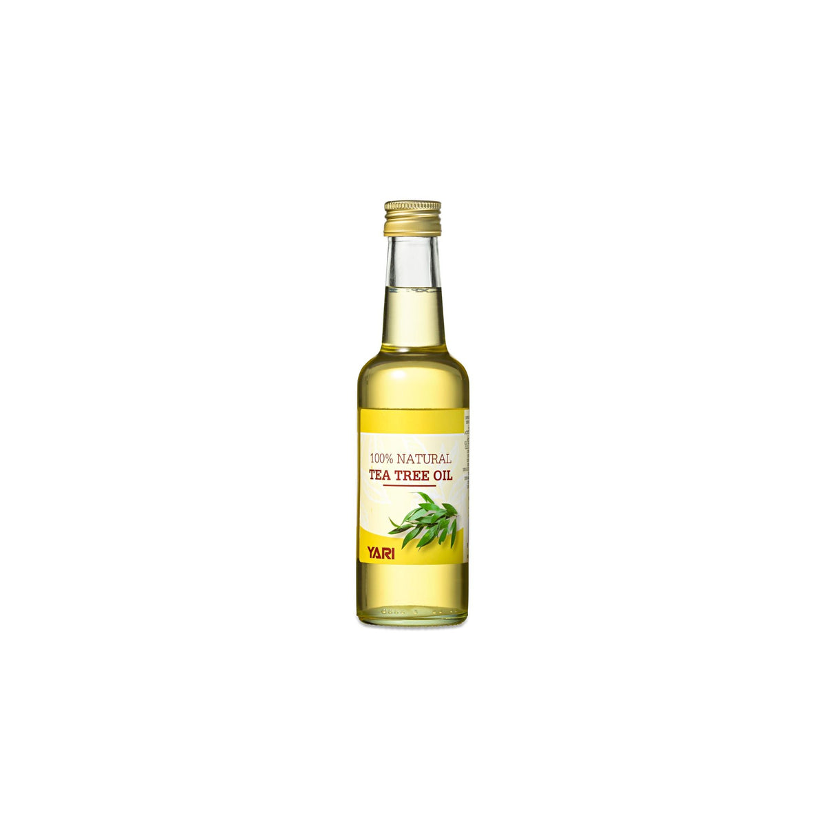 YARI 100% Naturlig Tea Tree Olie (250 ml). Klar glasflaske med gyldent låg, indeholdende tea tree olie.
