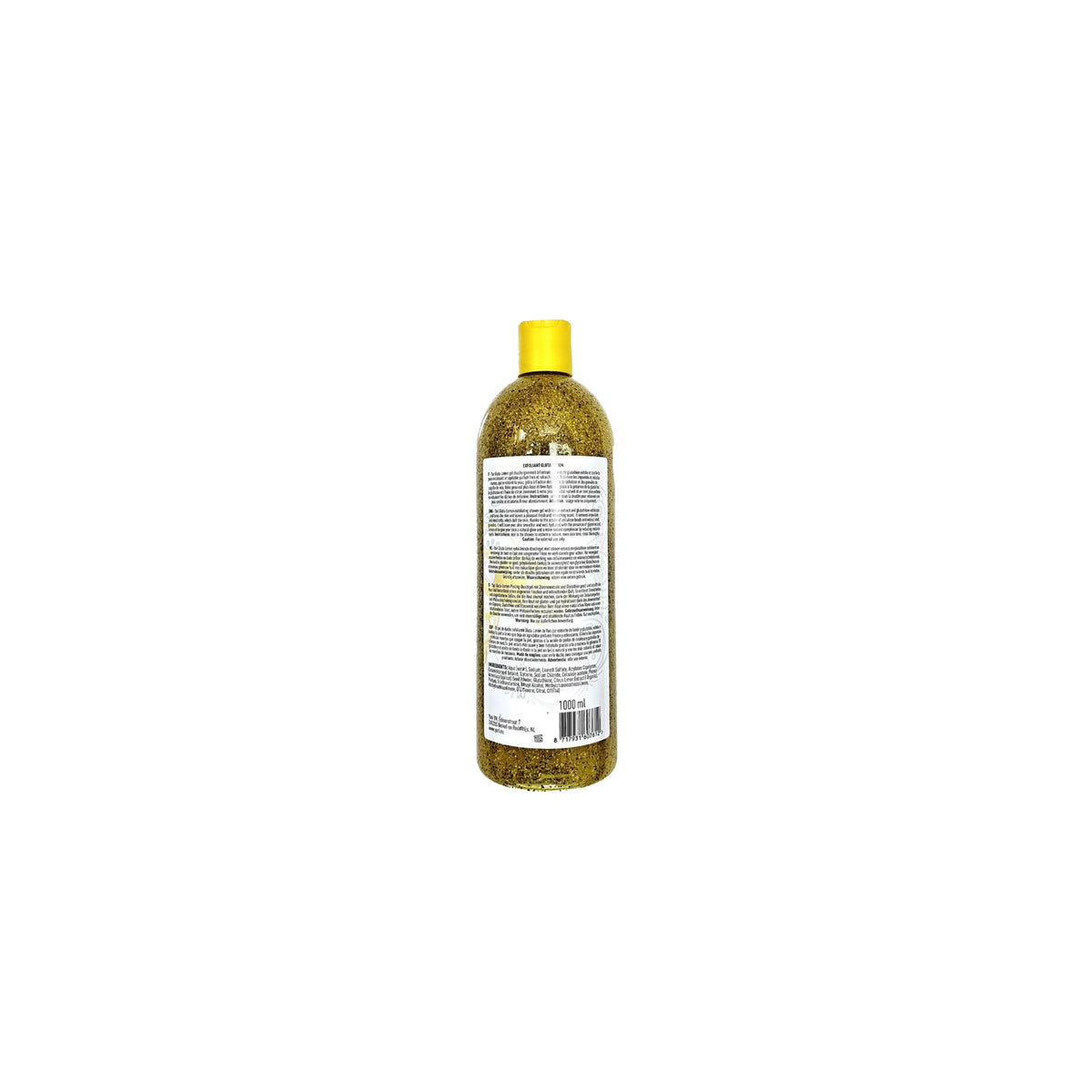 Bagsiden af YARI Exfoliant Shower Gel Gluta-Lemon (1000 ml). Stor, klar flaske med gulligt indhold og gult låg, der viser ingrediensliste og brugsanvisning. Eksfolierende showergel med gluta og citron, der virker opklarende og blødgørende.