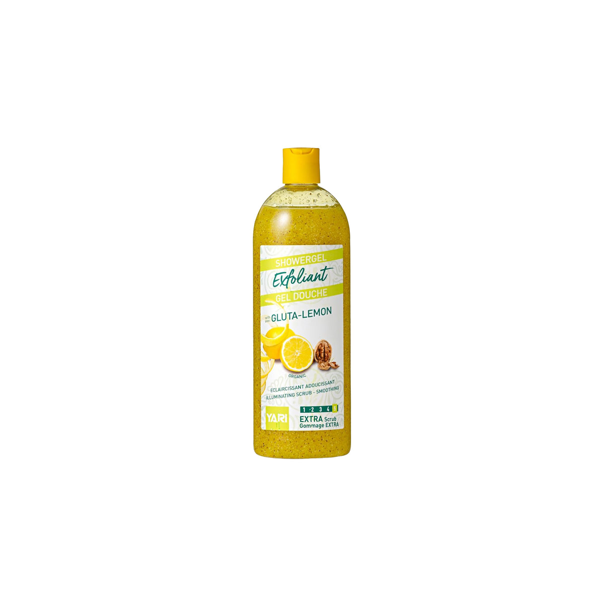 YARI Exfoliant Shower Gel Gluta-Lemon (1000 ml). Stor, klar flaske med gulligt indhold og gult låg. Eksfolierende showergel med gluta og citron, der virker opklarende og blødgørende.