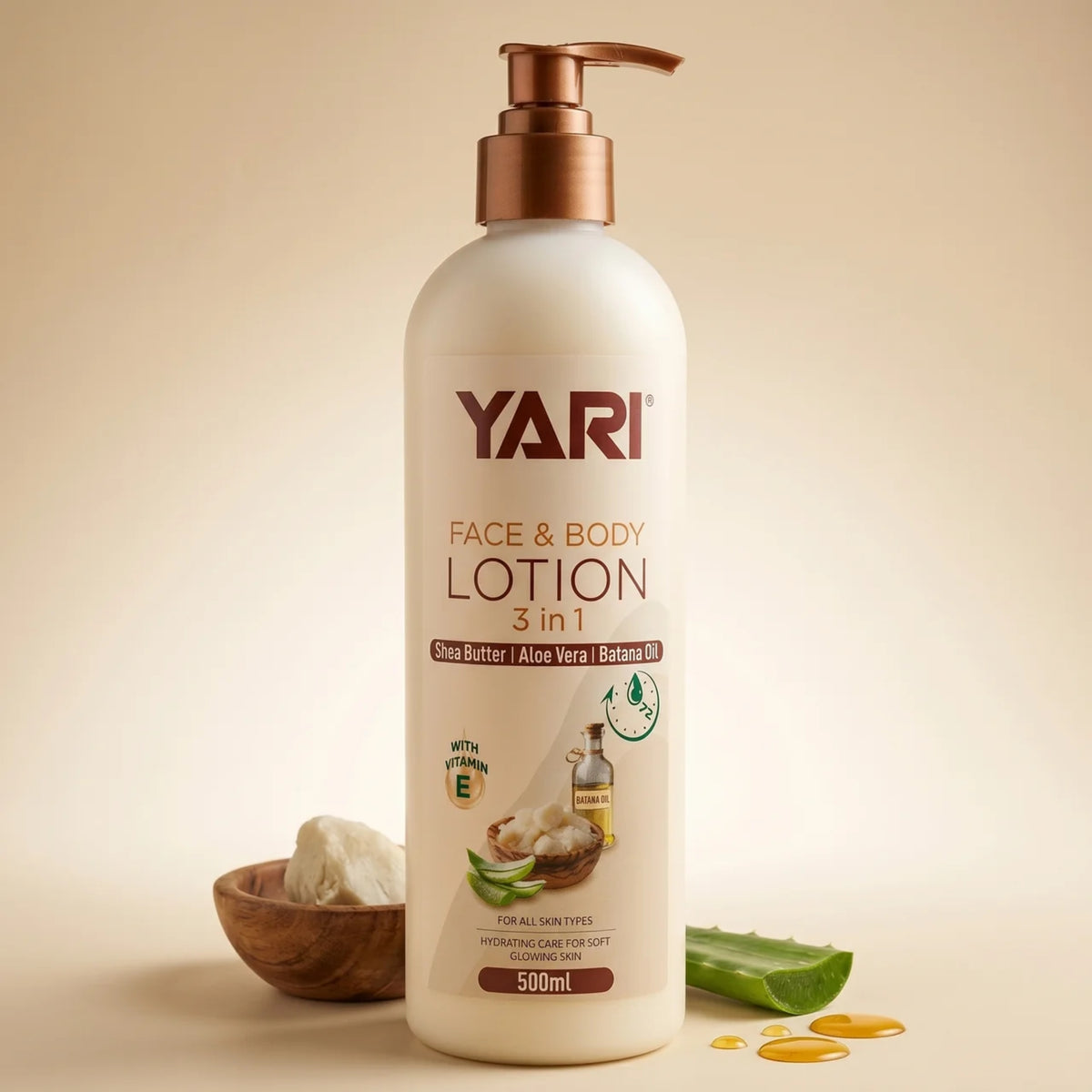 YARI Face & Body Lotion 3 in 1 i 500ml pumpeflaske med shea butter, aloe vera og batana olie.