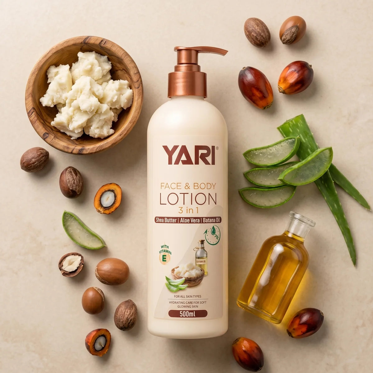 YARI Face & Body Lotion 3 in 1 med shea butter, aloe vera og batana olie omgivet af naturlige ingredienser.